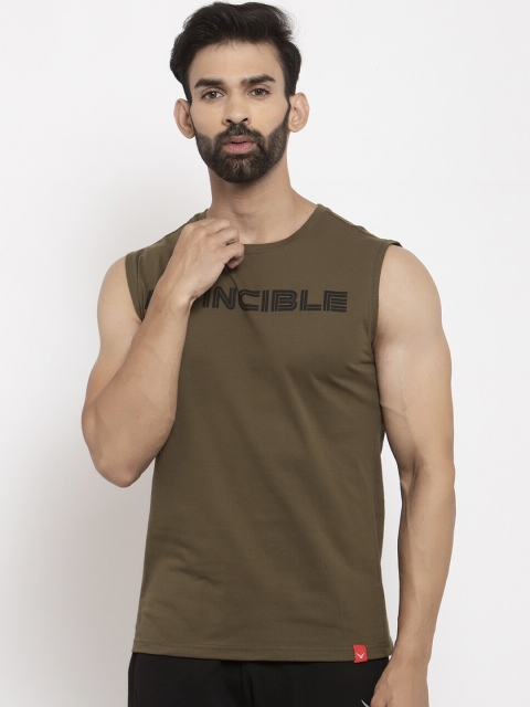 

Invincible Men Olive Green & Black Printed Round Neck T-shirt