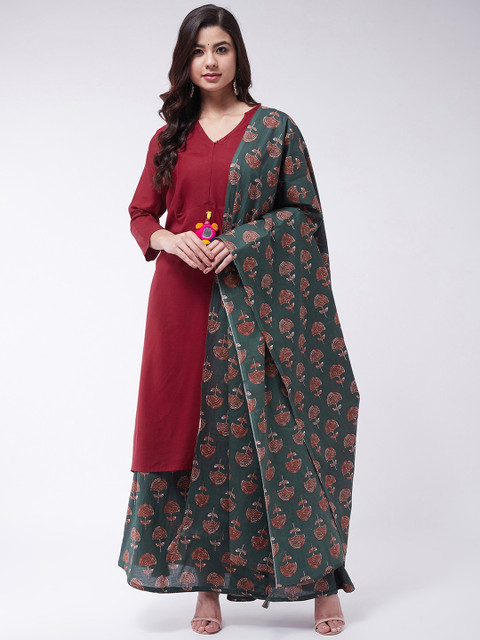 

InWeave Women Maroon Solid Kurta with Skirt & Dupatta