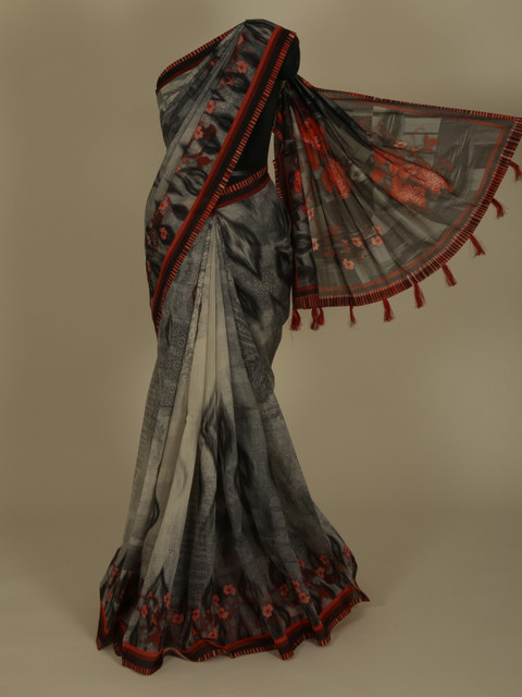 

Pothys Grey & Off-White Cotton Blend Printed Saree