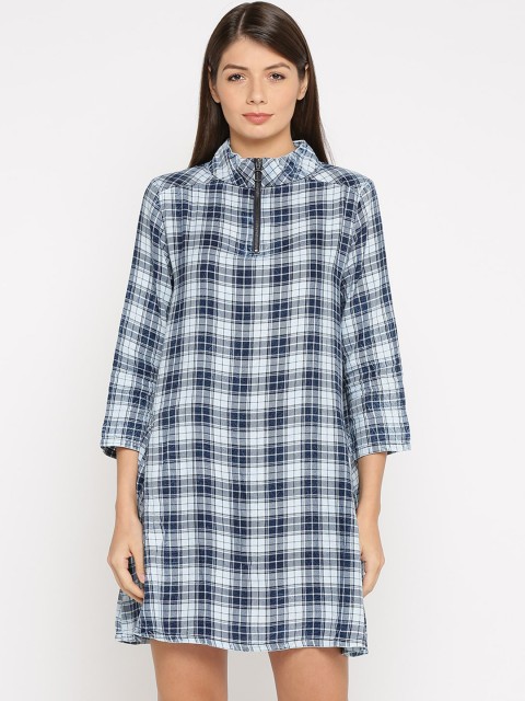 

Pepe Jeans Women Navy Blue Checked Shirt Dress