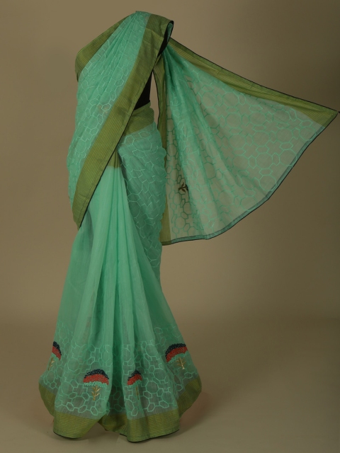 

Pothys Green Embroidered Linen Blend Saree