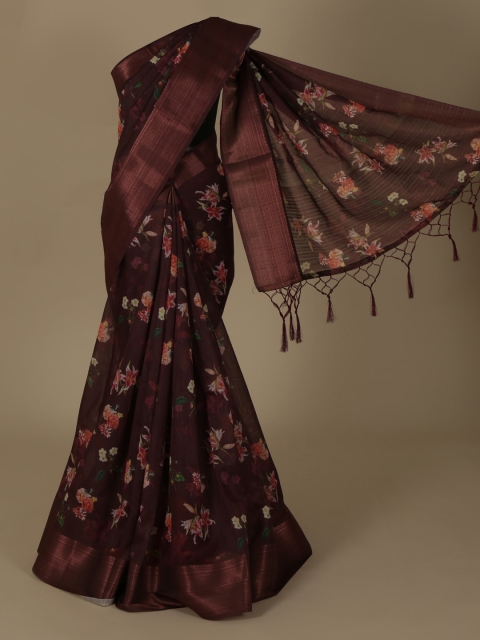 

Pothys Brown & Pink Linen Blend Printed Saree