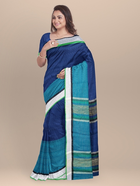 

BharatSthali Blue Solid Handloom Pure Linen Bhagalpuri Sustainable Saree
