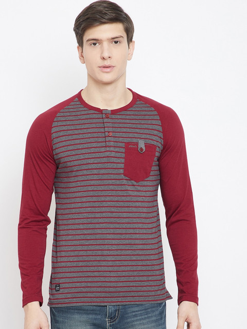 

Adobe Men Grey Striped Henley Neck T-shirt