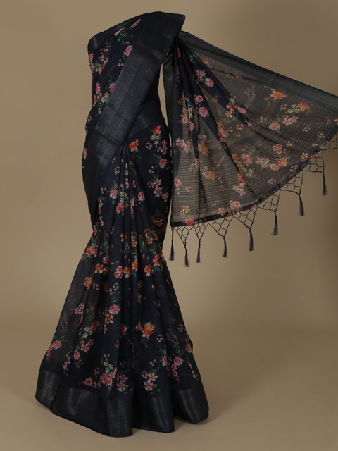 

Pothys Navy Blue Printed Linen Blend Saree