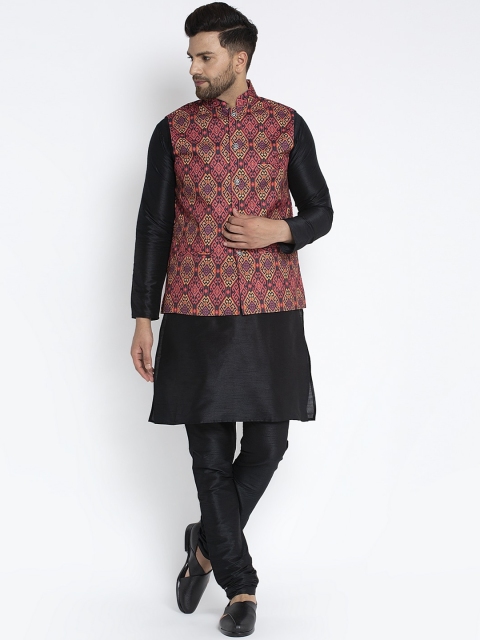 

Benstoke Men Black Solid Kurta with Churidar & Nehru Jacket
