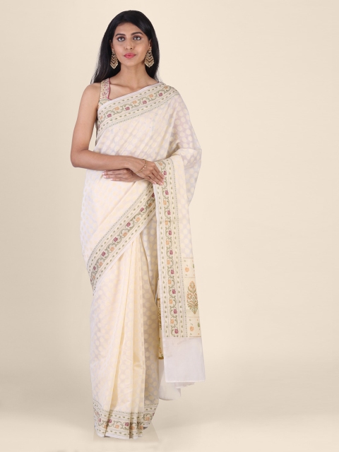 

Shruti and Mangaaysh Off-White & Green Silk Blend Solid Banarasi Saree