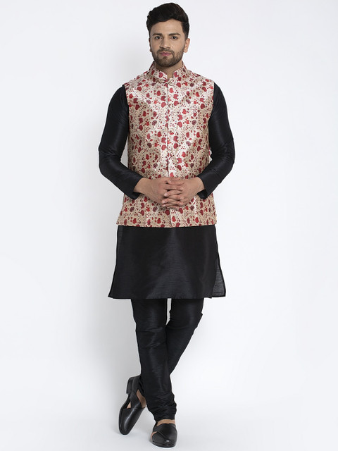 

Benstoke Men Black Solid Kurta with Churidar & Nehru Jacket