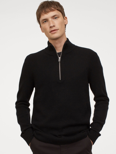 

H&M Men Black Solid Collared Wool Jumper