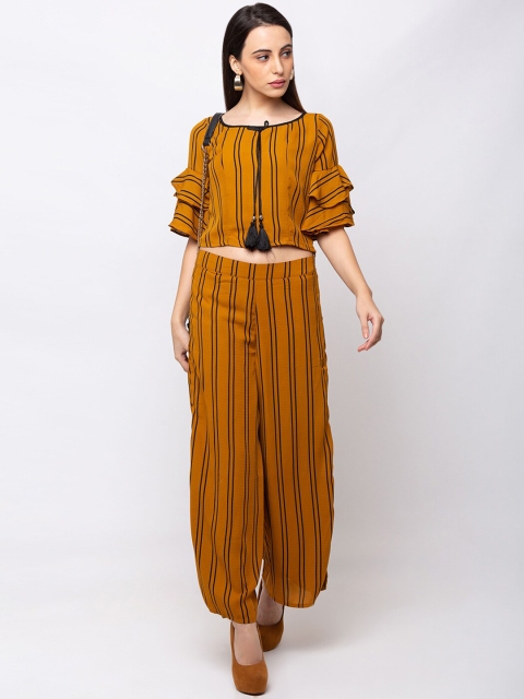 

SHECZZAR Women Mustard Yellow & Navy Blue Striped Top With Palazzos