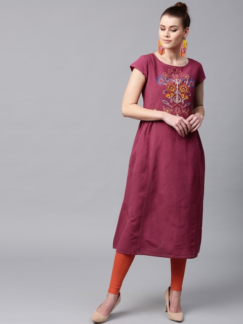 

Tulsattva Women Magenta Embroidered A-Line Kurta