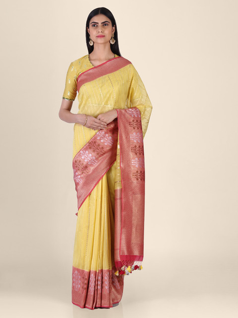 

Shruti and Mangaaysh Yellow & Red Silk Blend Woven Design Banarasi Saree
