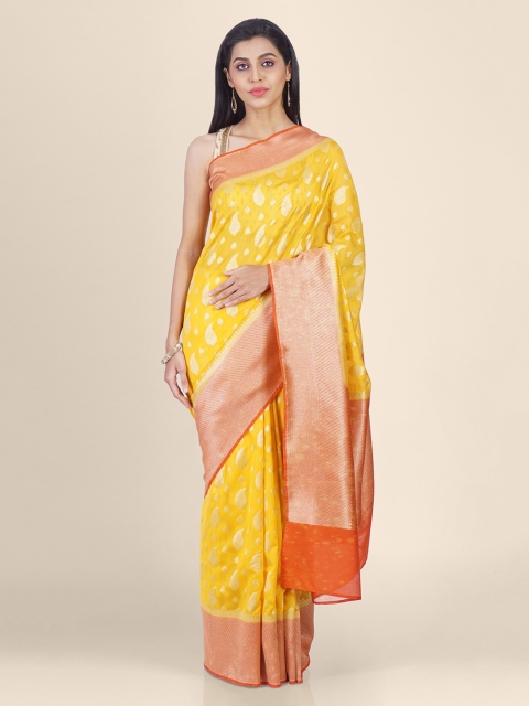 

Shruti and Mangaaysh Yellow & Silver-Toned Silk Blend Woven Design Banarasi Saree