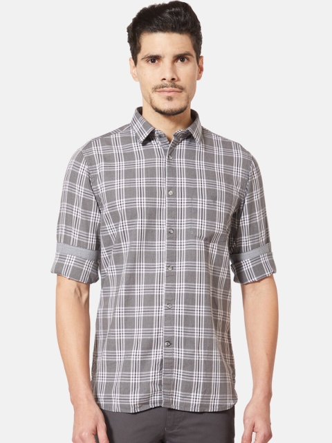 

J Hampstead Men Grey & White Slim Fit Checked Casual Shirt
