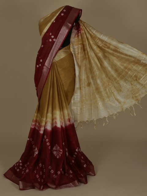 

Pothys Mustard & Violet Linen Blend Printed Bandhani Saree