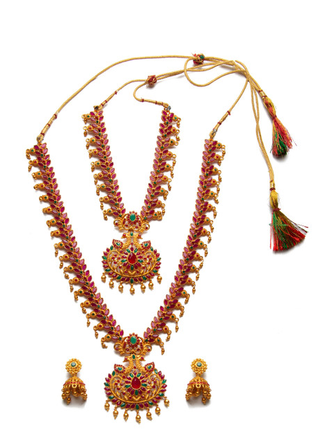 

Alankruthi Gold-Plated Red & Green Stone-Studded Temple Jewellery Set