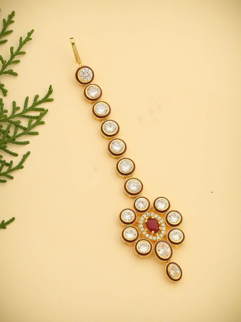 

Silvermerc Designs Gold-Plated White & Red Kundan & Stone-Studded Enamelled Handcrafted Maang Tikka