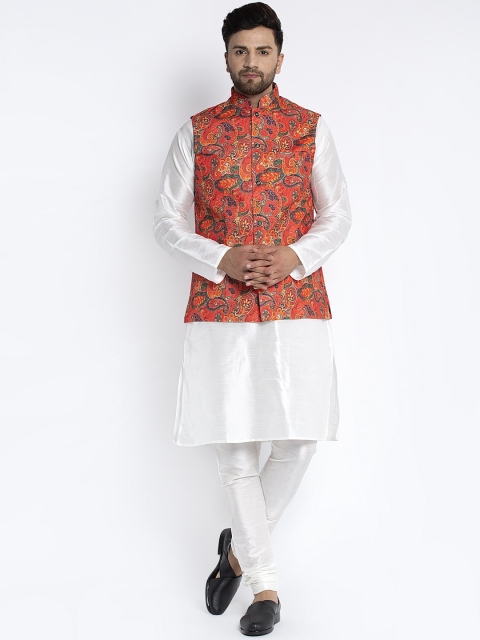 

Benstoke Men White & Red Solid Kurta with Churidar & Nehru Jacket