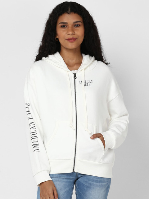 

AMERICAN EAGLE OUTFITTERS Women White Solid Hooded Sweatshirt