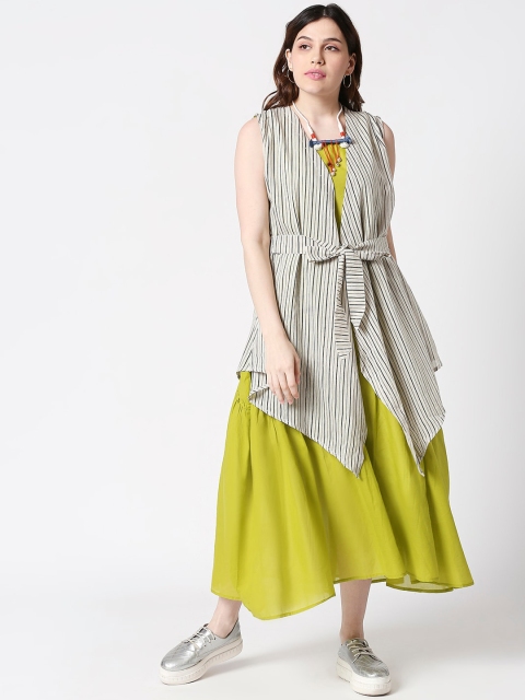 

TERQUOIS Women Off-White & Green Striped Maxi Dress