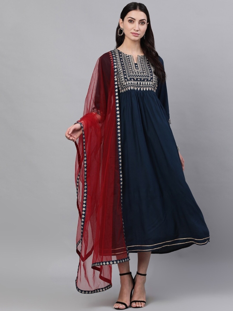

Nayo Women Navy Blue Embroidered Ethnic Maxi Dress with Dupatta