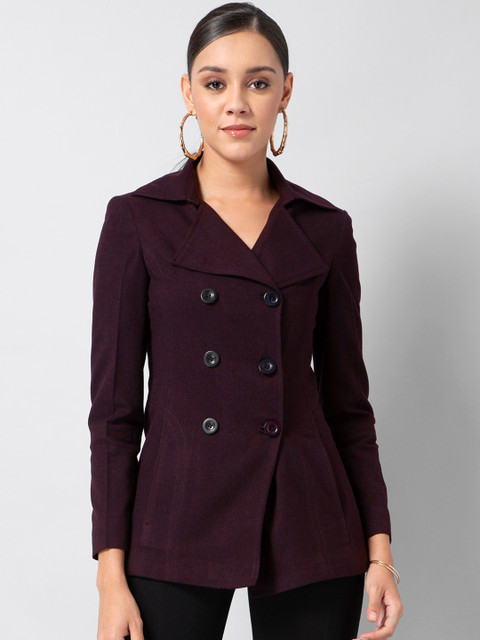 

FabAlley Women Purple Solid Double-Breasted Pea Coat