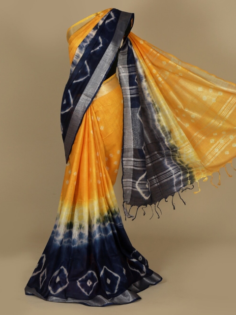 

Pothys Yellow & Blue Linen Blend Printed Saree