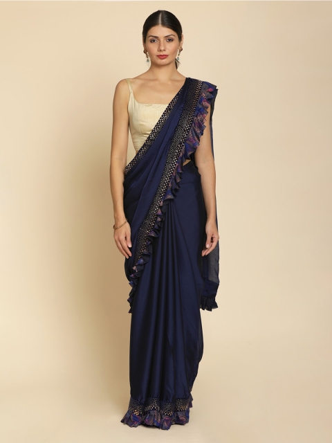 

Koskii Navy Blue Solid Poly Crepe Saree
