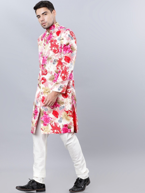 

Svanik Men White Floral Printed Sherwani Set