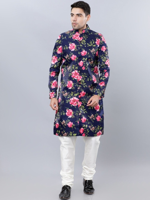 

Svanik Men Navy Blue & Pink Floral Printed Sherwani Set