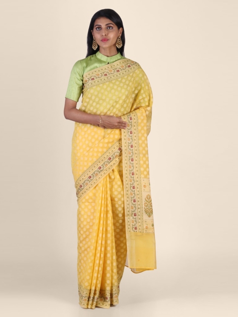 

Shruti and Mangaaysh Yellow Silk Blend Printed Handloom Banarasi Saree