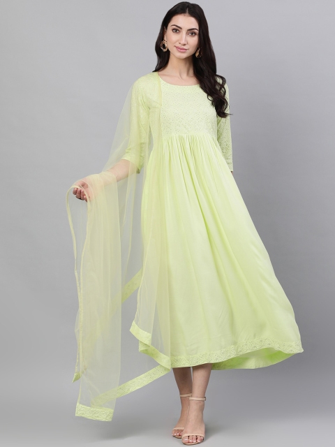 

Nayo Women Green Embroidered Maxi Dress with Net Dupatta