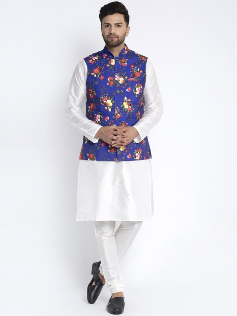 Benstoke Men White Solid Kurta with Churidar & Nehru Jacket