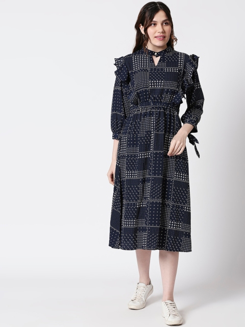 

TERQUOIS Women Navy Blue Printed Fit and Flare Dress