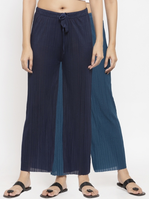 

NEUDIS Women Pack of 2 Blue Solid Semi-Sheer Wide Leg Palazzos