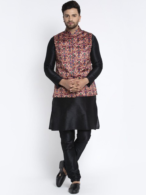 

Benstoke Men Black Solid Kurta with Churidar & Nehru Jacket