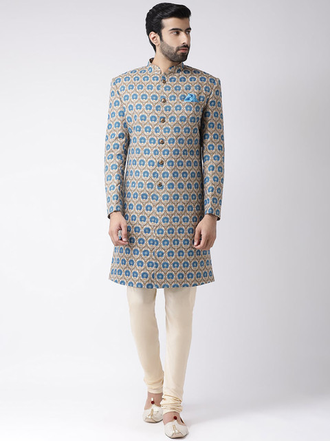 

Vartah Men Beige & Blue Floral Printed Cotton Sherwani Set