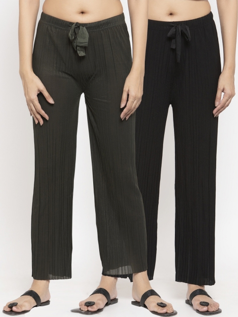 NEUDIS Women Pack Of 2 Olive Green & Black Solid Straight-Leg Palazzos