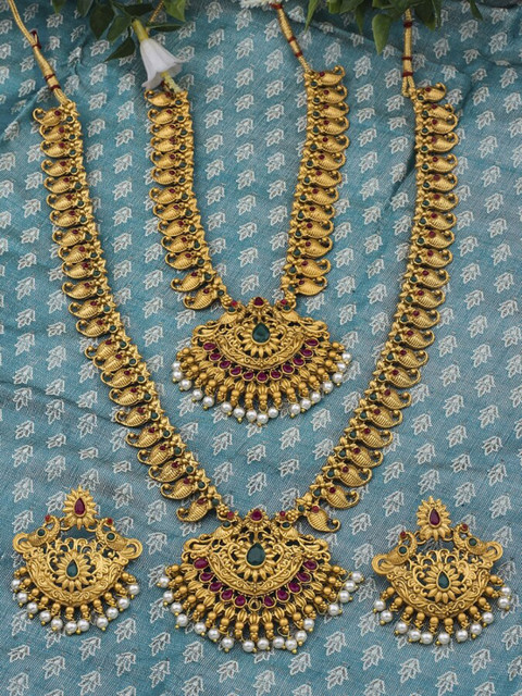 

Alankruthi Gold-Plated Pink & Green Stone-Studded Textured Temple Jewellery Set