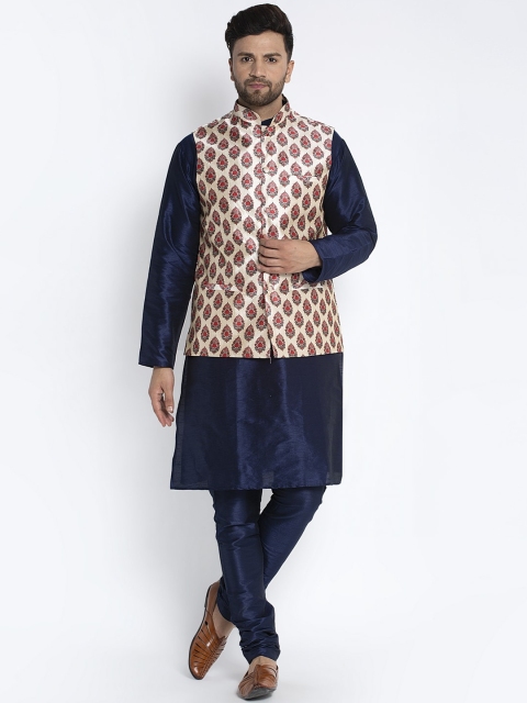 

Benstoke Men Blue & Cream-Coloured Solid Kurta with Churidar & Nehru Jacket