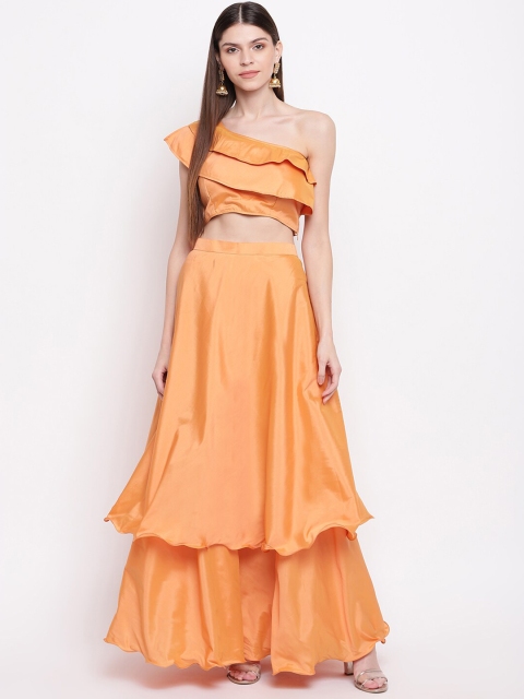 

Capybara Women Orange Solid Layered Crop Top with A-Line Maxi Skirt