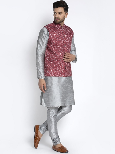

Benstoke Men Silver-Coloured & Maroon Solid Kurta with Churidar & Nehru Jacket
