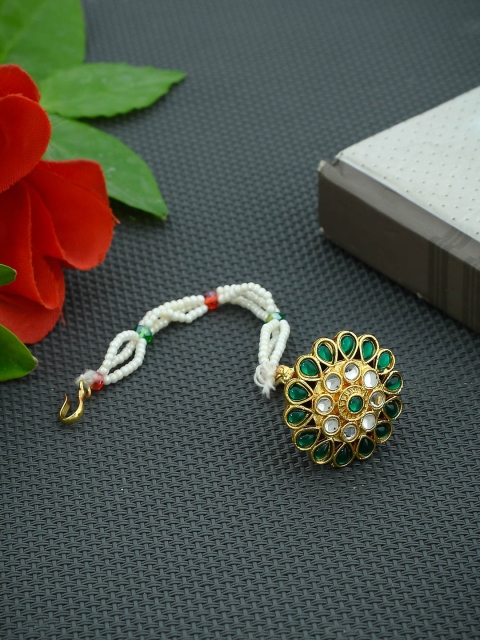 

Imittire Gold-Plated Green & White Kundan Studded Polki Rajputi Borla Maang Tikka