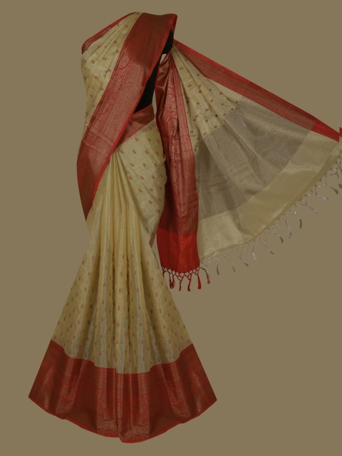 

Pothys Cream-Coloured & Red Cotton Blend Printed Saree