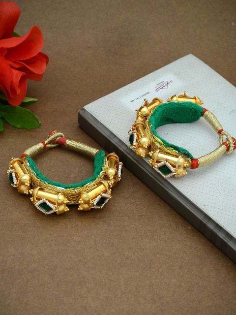 

Imittire Set Of 2 Gold-Plated & Green Handcrafted Cuff Bracelets