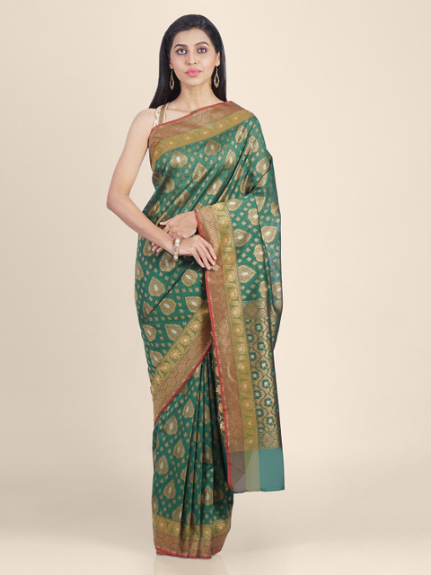 

Shruti and Mangaaysh Green Silk Blend Woven Design Banarasi Handloom Saree