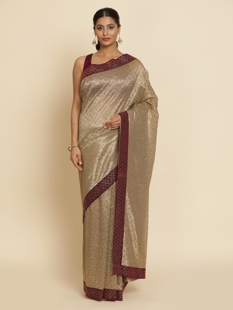 

Koskii Gold-Coloured & Purple Net Woven Design Saree