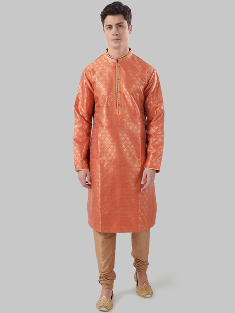 

Ethnix by Raymond Men Orange Woven Design Straight Kurta