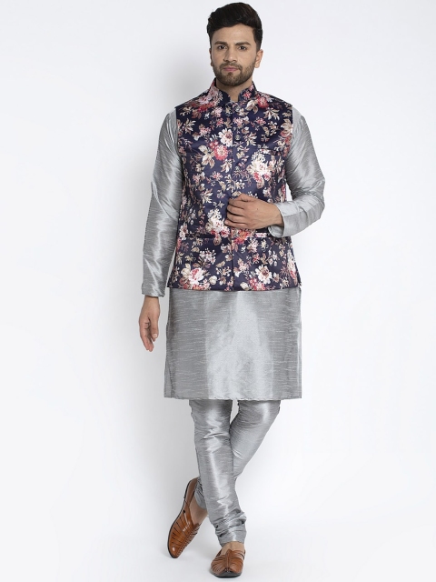 

Benstoke Men Grey & Navy Blue Solid Kurta with Churidar & Nehru Jacket