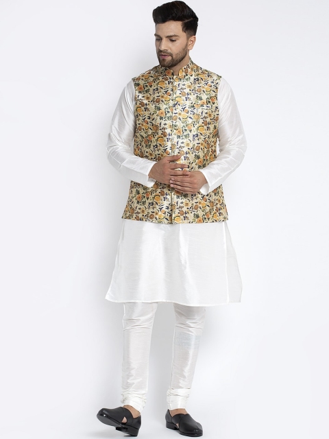 

Benstoke Men White & Beige Solid Kurta with Churidar & Nehru Jacket